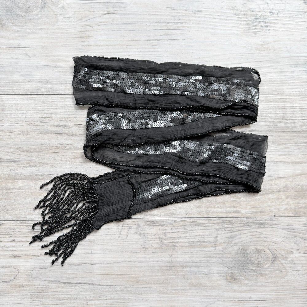 Vintage Black Silk Beaded Sequin Fringe Scarf Wrap Shawl 1920s Flapper Gothic 76